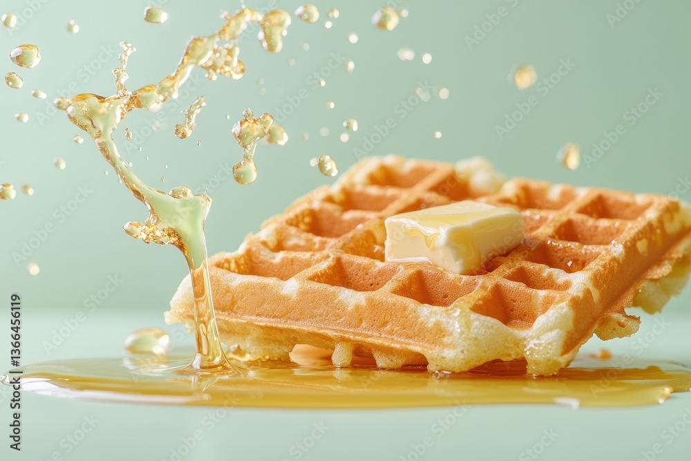 Golden waffle with butter and syrup splash on a light green background. Use for breakfast menus or sweet treats advertising material online. Golden waffle with butter and syrup splash on a light green background. Use for breakfast menus or sweet treats advertising material online.