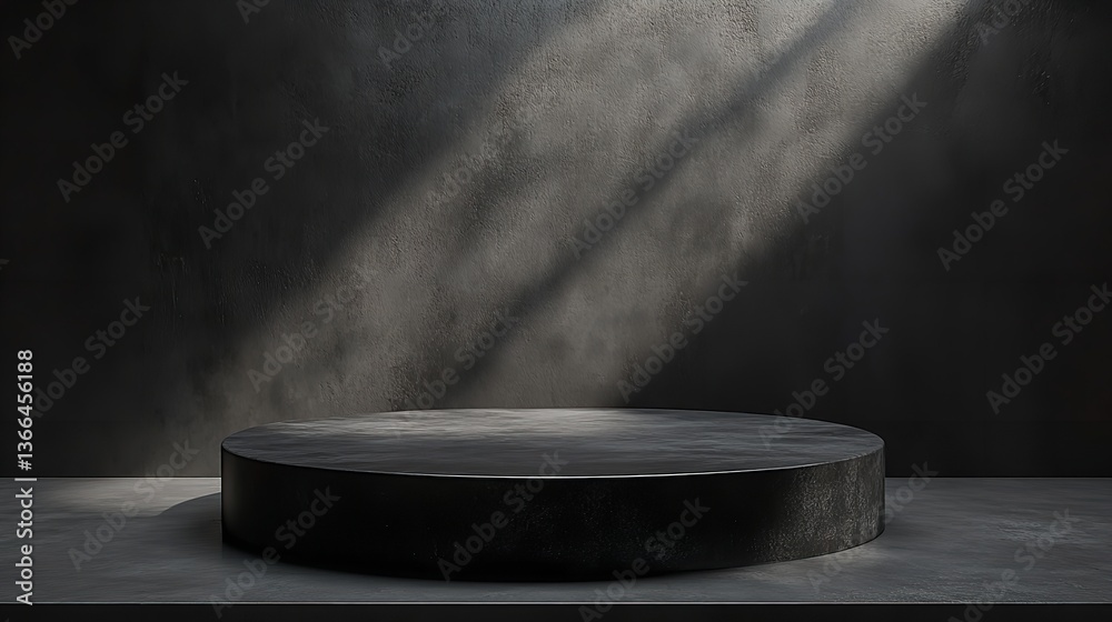 An elegant display scene with a dark stone podium positioned on a seamless dark wall, designed for product presentation in a clean, minimalistic style An elegant display scene with a dark stone podium positioned on a seamless dark wall, designed for product presentation in a clean, minimalistic style