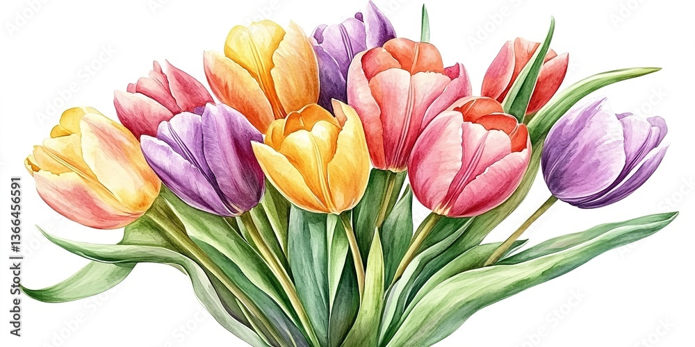 Fototapeta premium A bouquet of tulip illustration, with pink, yellow, and purple tulip flowers, paired with green leaves, on a pure white background