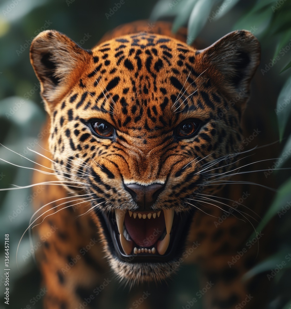 Obraz premium Realistic Close-up of an Angry Leopard with Bared Teeth and Powerful Stance