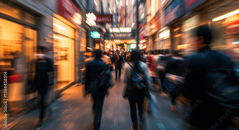 Naklejka premium A motion blur captures a diverse crowd walking on a bustling city sidewalk in the afternoon Tall buildings with glowing signs in warm orange and red hues dominate the scene