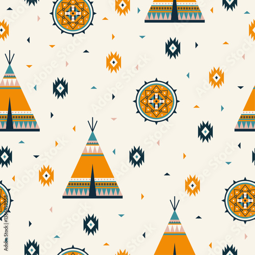 Hand-drawn cute seamless pattern with teepee tents. Background with traditional native conical tents. Wallpaper with native american ornaments and elements. Wigwam backdrop for textile or paper