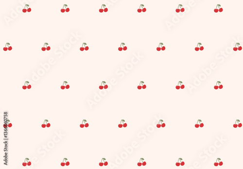 Seamless pattern with small cherries. Ripe cherries are regularly distributed on a light background. For printing on fabric, clothes, textiles, home decor and paper. Summer pattern with red berries.