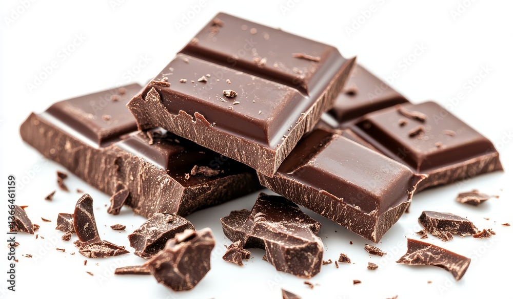 Dark chocolate bar pieces on white background Dark chocolate bar pieces on white background