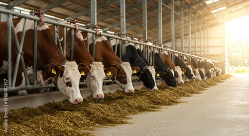 Dairy Cows in Modern Barn Feeding on Hay, Agricultural Farming, Livestock, Rural Scene, Agriculture Industry, Cattle, Farming, Animal Husbandry