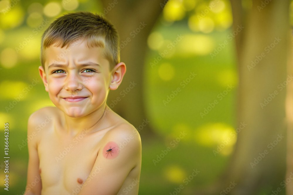 Obraz premium Young boy showing a playful expression in a sunny garden 