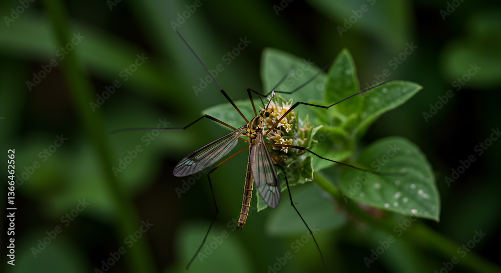 Emmesid Crane Fly perched gracefully on a flowering plant in natural habitat Emmesid Crane Fly perched gracefully on a flowering plant in natural habitat