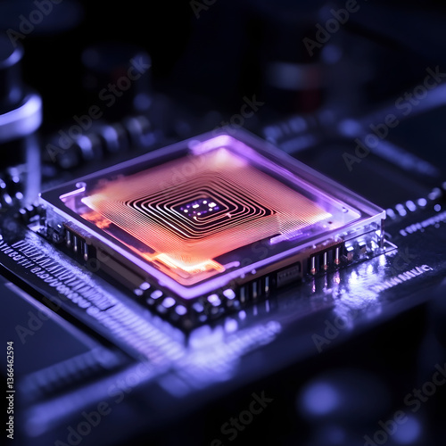 A vibrant microchip glows with intricate circuits, evoking mystery and technological advancement.