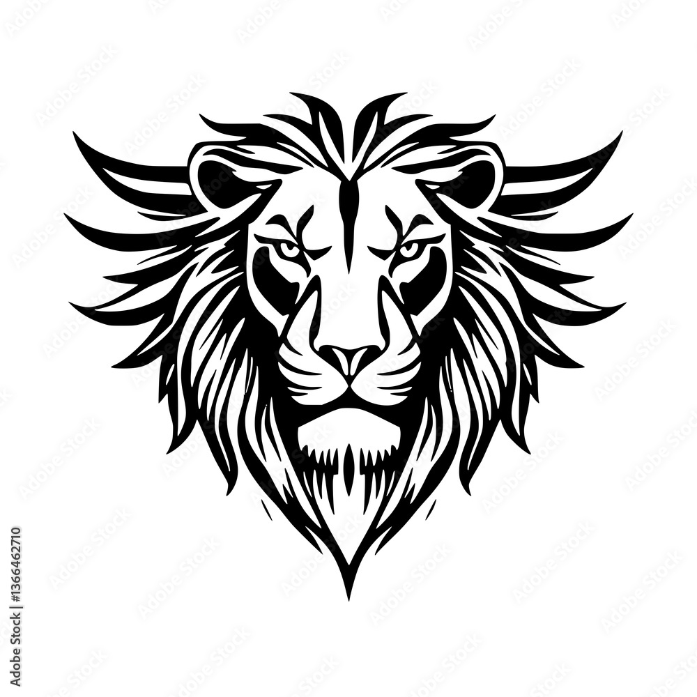 Fototapeta premium Majestic Lion Crest: A striking black and white illustration of a lion's head, radiating power and strength, perfect for representing boldness and royalty.