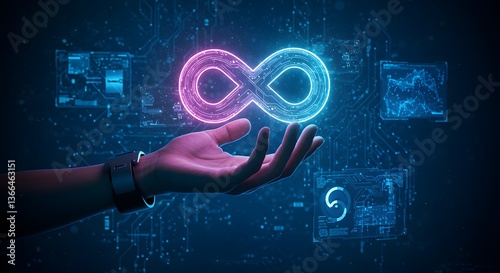 Hand Holding Infinity Tech Symbol.