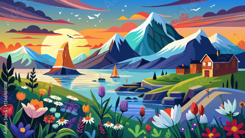 Wallpaper norway landscape nature of the mountains of Spitsbergen Longyearbyen Svalbard on a flowers polar day with arctic summer in the sunset