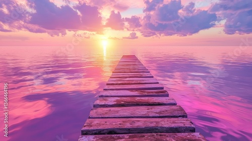 plank road IN THE MIDDLE OF THE SEA at a neon sunset