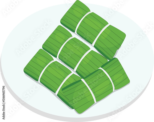 Vector illustration of Pulut Dakap, a traditional Malaysian dessert made with glutinous rice, coconut filling, and wrapped in banana leaves. This sweet snack i