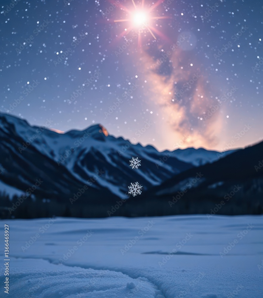 A single snowflake descends against a backdrop of starlit sky, snow-covered mountains, and a dark winter landscape, falling, still A single snowflake descends against a backdrop of starlit sky, snow-covered mountains, and a dark winter landscape, falling, still