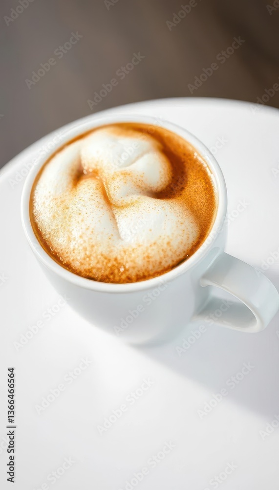 Close-up of fluffy cappuccino froth in a white cup on white, studio, texture, morning Close-up of fluffy cappuccino froth in a white cup on white, studio, texture, morning