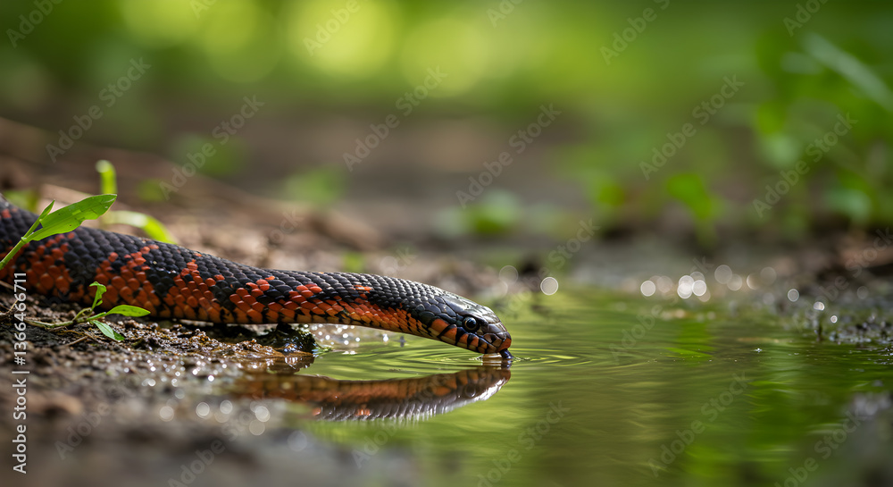 Fototapeta premium Thirsty snake quenches its thirst from a puddle in lush green environment