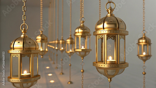 A stunning of golden lanterns cascading gracefully in a free-fall motion, appearing suspended in the air. Each lantern has a polished metallic frame with soft golden illumination emanating from within