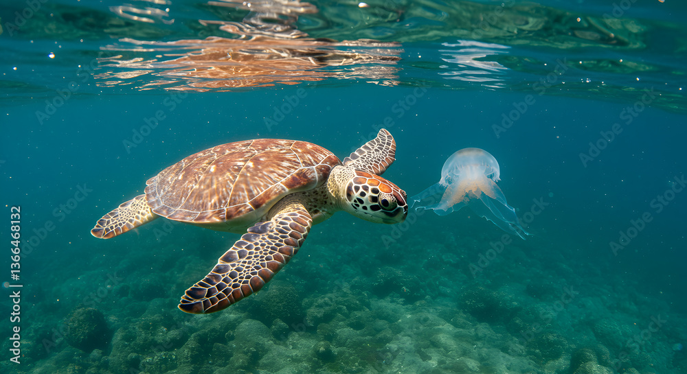 Fototapeta premium Sea turtle gracefully eating a jellyfish in the crystal-clear open ocean ecosystem
