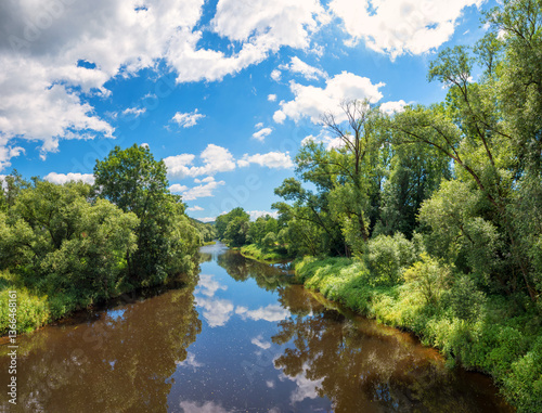 Obraz na płótnie Schwarzer Regen river, Viechtach, lower bavarian landscape. trees reflecting in the water w salonie
