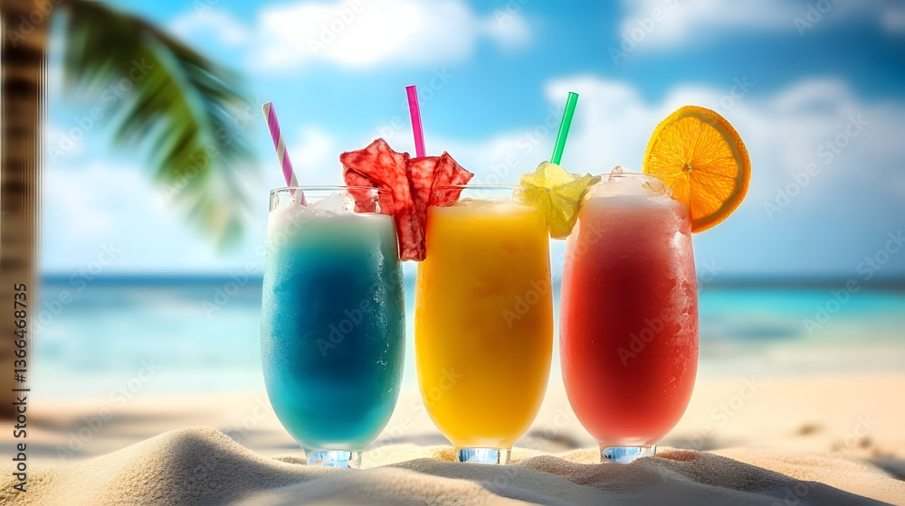 Obraz premium Exotic summer drinks on sandy beach tropical background