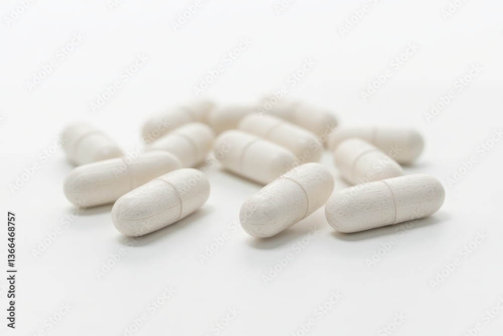 White Pills Capsules Isolated on White Background, Pharmaceutical Medication for Healthcare, Medical Treatment, and Dietary Supplements White Pills Capsules Isolated on White Background, Pharmaceutical Medication for Healthcare, Medical Treatment, and Dietary Supplements