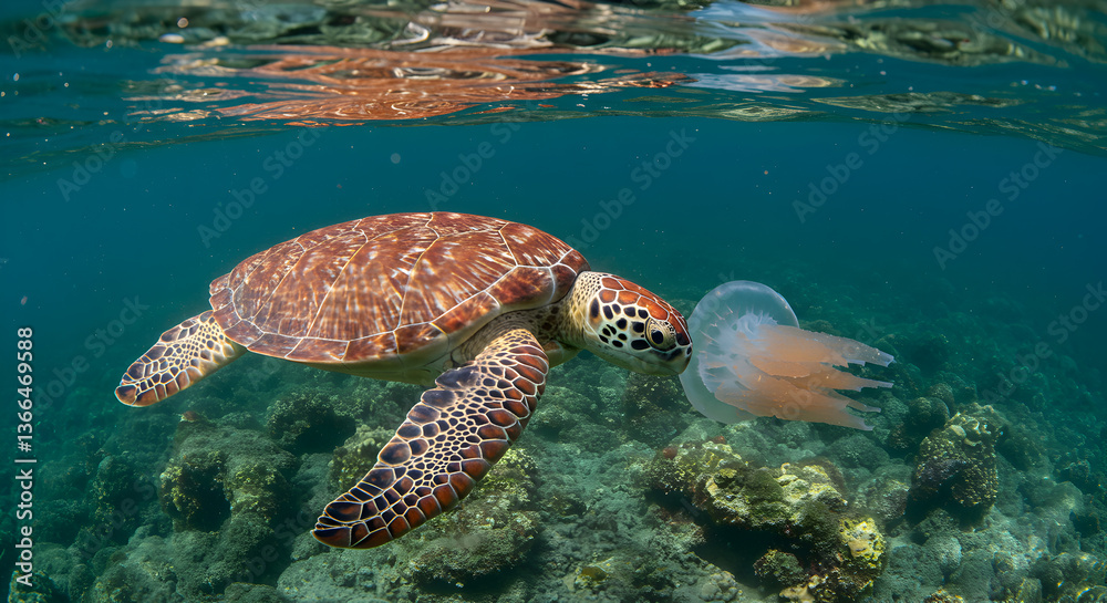 Fototapeta premium Sea Turtle underwater devouring Jellyfish, showcasing a pristine marine ecosystem