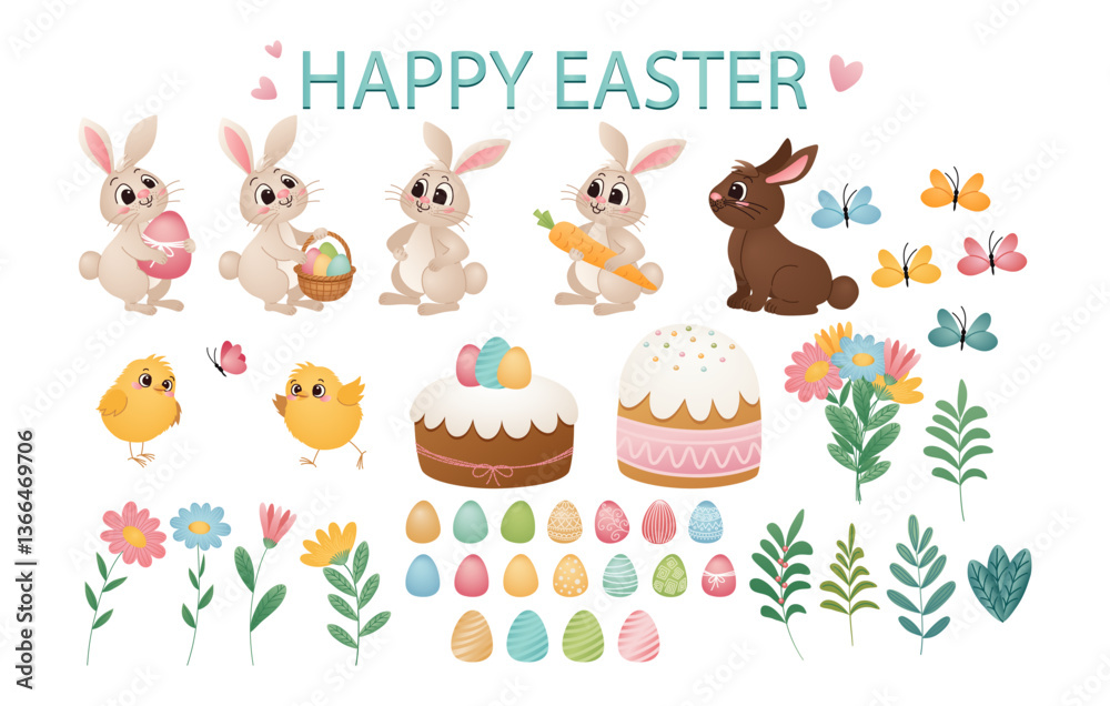 Happy Easter Bunnies with Eggs and Spring Elements. Easter holiday set. Cute Easter bunnies, flowers, chicks, butterflies, and decorated eggs. Vector illustration Happy Easter Bunnies with Eggs and Spring Elements. Easter holiday set. Cute Easter bunnies, flowers, chicks, butterflies, and decorated eggs. Vector illustration