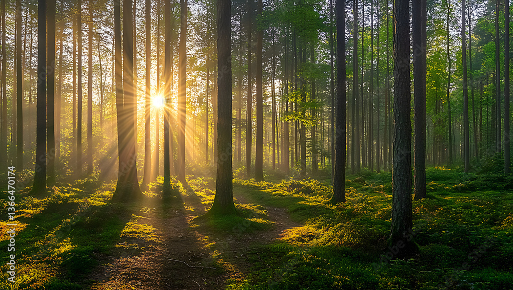 Obraz premium Silent Forest in spring with beautiful bright sun rays