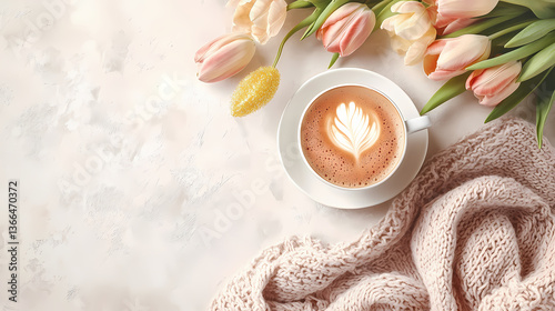 Spring awakening top view of a frothy cappuccino, lush tulips, mimosa, and a soft scarf on a muted beige backdrop with margin for text. Muted Awakening. Illustration