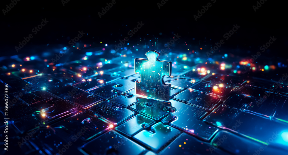 Fototapeta premium Illuminated puzzle piece stands out on a grid-like surface with glowing lights, creating a futuristic and conceptual technology scene.
