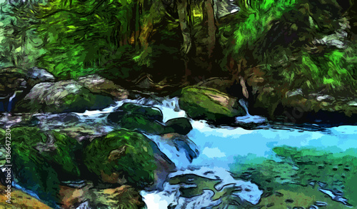 Stream in the forest watercolor paint