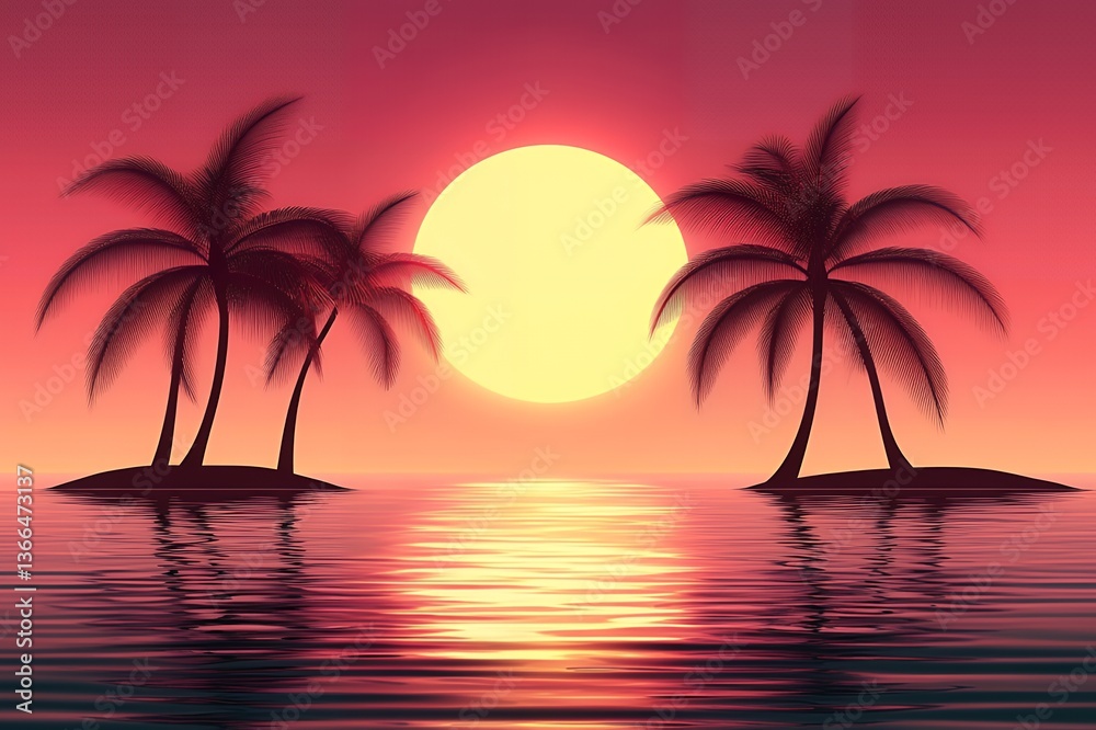 Fototapeta premium Serene Tropical Sunset Scene Palm Trees on Island Paradise