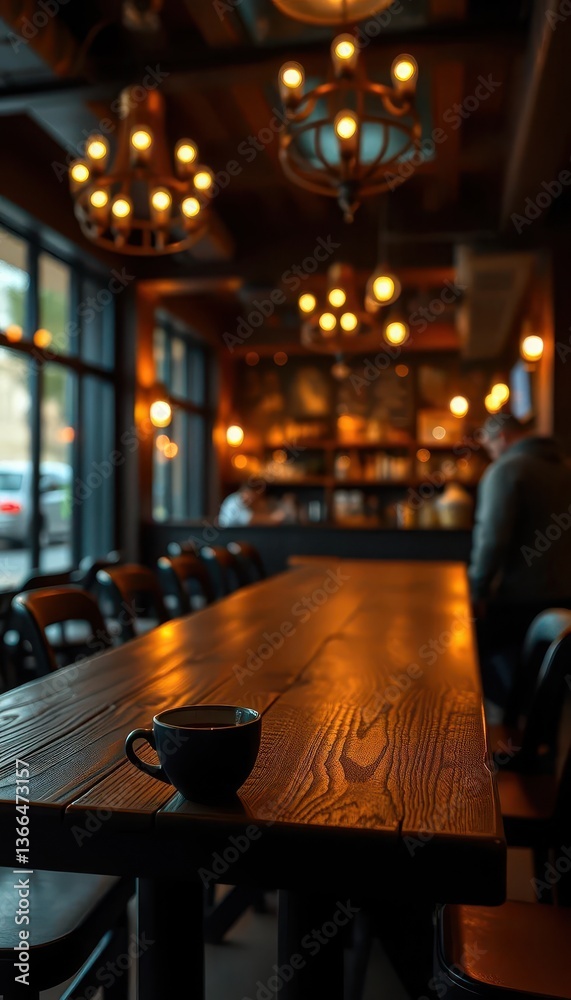 Dark cafe, empty wooden tabletop, blurred golden lights, empty, table Dark cafe, empty wooden tabletop, blurred golden lights, empty, table