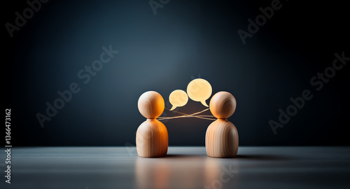 Wooden figures face each other with speech bubbles in between, against a dark backdrop, representing dialogue and interpersonal communication.