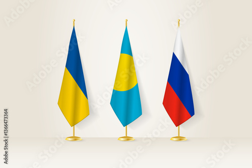 Diplomatic Meeting Representation, Ukraine, Palau and Russia Flags. Flags on Diplomatic Stands.
