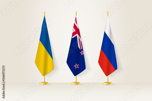 Diplomatic Meeting Representation, Ukraine, New Zealand and Russia Flags. Flags on Diplomatic Stands.