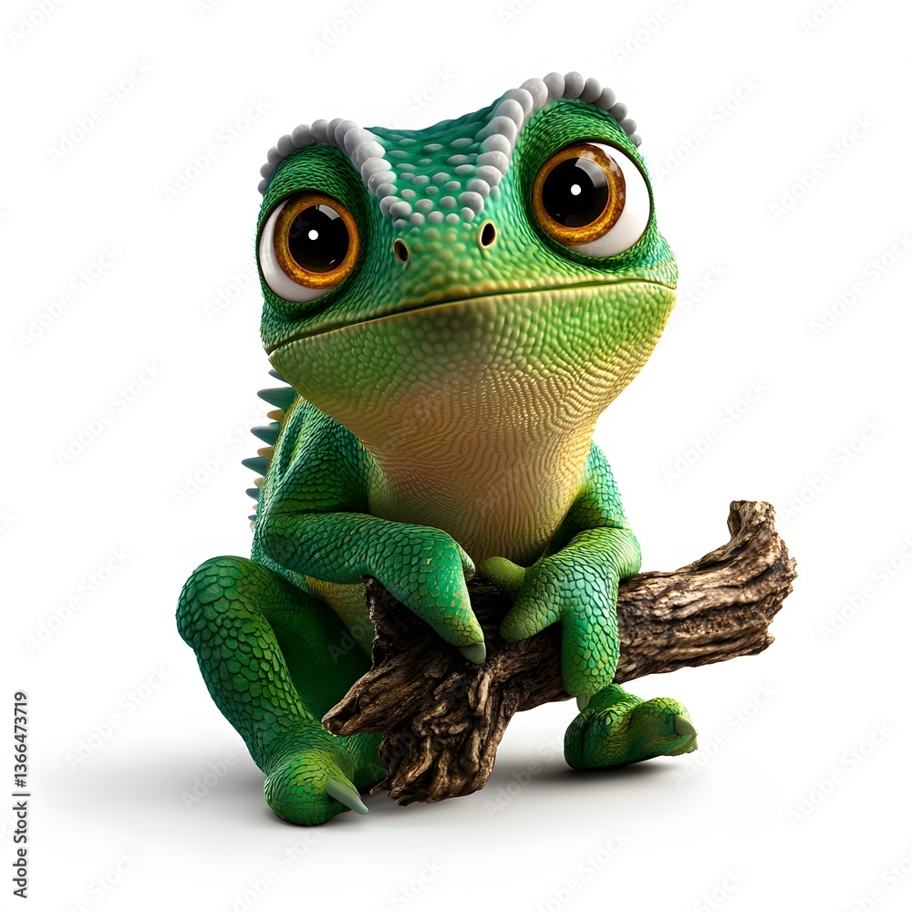 Obraz premium 3d cartoon, chameleon, on a clean white background, and clear, studio photo style