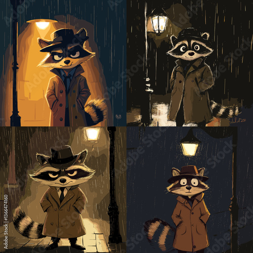 Set of noir-style raccoon detective illustrations in trench coats and hats under lamplight and rain, perfect for mystery themes, storytelling, and character design concepts.

