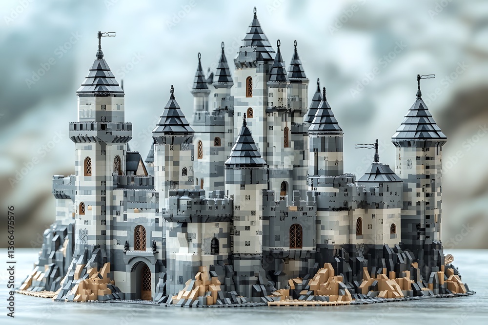 Obraz premium Castle made of gray bricks with a gray roof. The castle is surrounded by rocks and has a gray stone wall