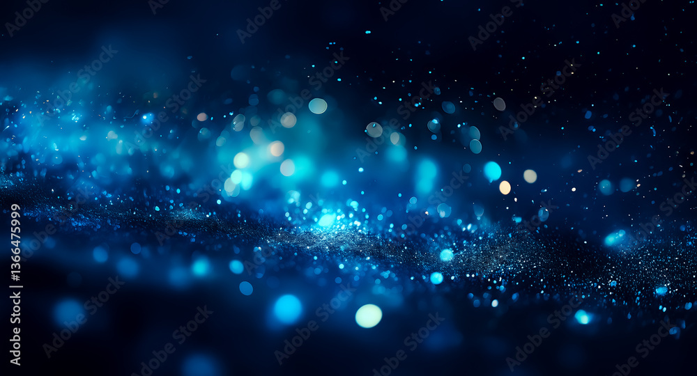 Obraz premium A dark blue cosmic scene with sparkling bokeh lights evokes a dreamy and celestial atmosphere, suggestive of a distant galaxy in the vast expanse of space.