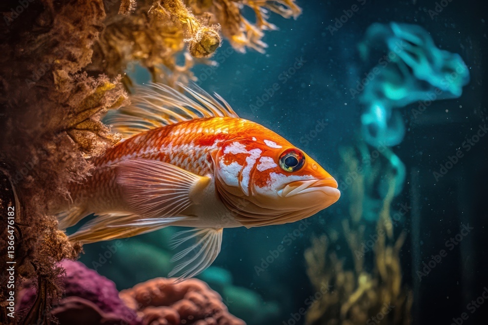 Fototapeta premium A vibrant tropical fish swims among colorful coral formations in a vibrant, lively coral reef underwater ecosystem.