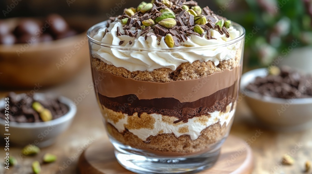 A cross-section of a pistachio-topped chocolate trifle in a transparent glass. The dish consists of layers of whipped cream, pistachio sauce, chocolate cake, and creamy chocolate filling. A cross-section of a pistachio-topped chocolate trifle in a transparent glass. The dish consists of layers of whipped cream, pistachio sauce, chocolate cake, and creamy chocolate filling.
