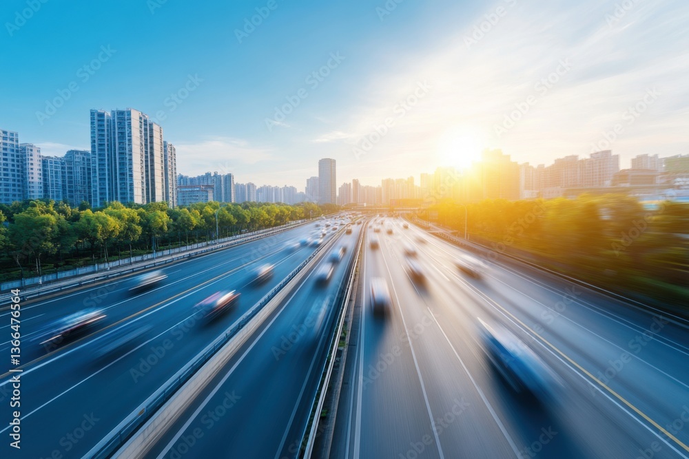 Obraz premium A blurred highway road with a city background, captured in daylight
