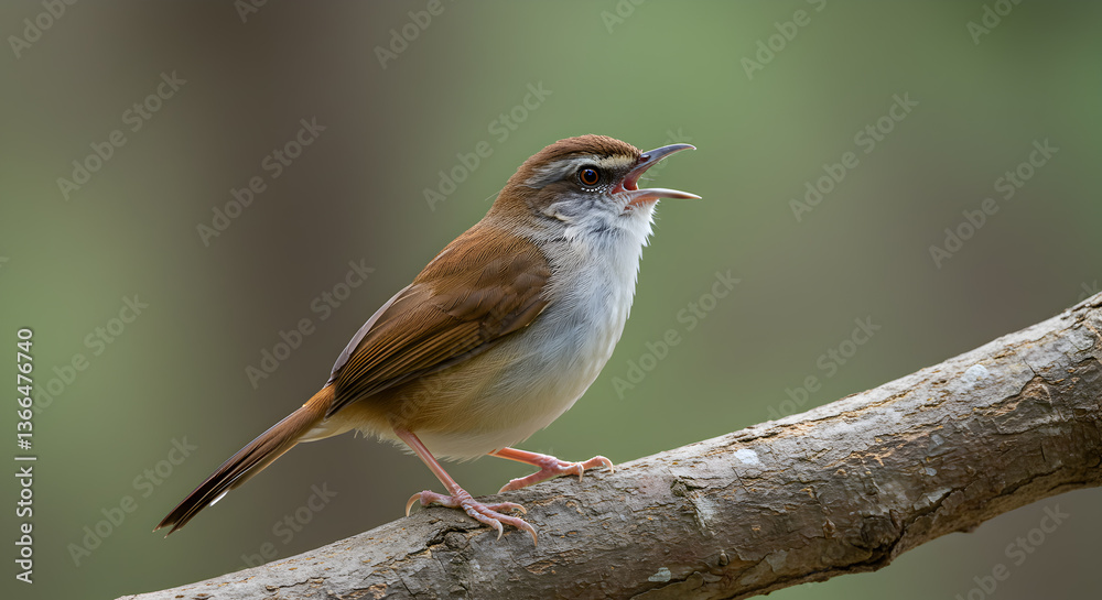 Fototapeta premium Tawny-flanked Prinia Vocalizing on a Branch in Natural Habitat Close Portrait