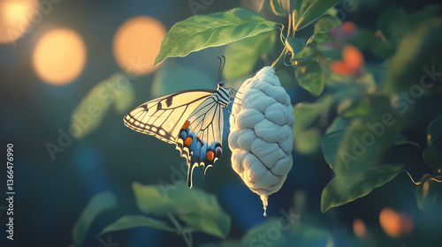 A delicate butterfly perched on a silk cocoon in a serene garden setting, showcasing nature's beauty. enchanted cocoon. illustration. Serene Pupation. Illustration