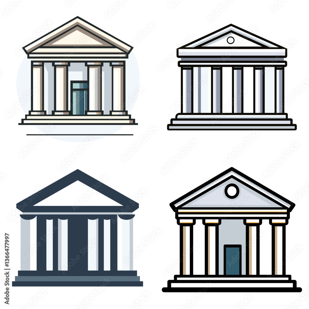 Obraz premium Set of classical building icons representing banks, museums, courthouses, and government institutions in clean, minimal, and professional flat design style.