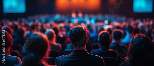 Blurred audience at a professional business conference in a large hall.