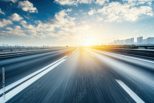 A blurred highway road with a city background, captured in daylight