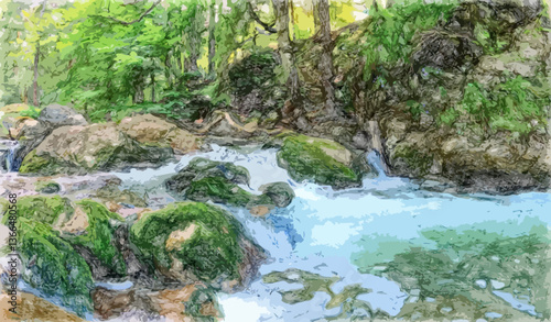 Stream in the forest sketch art