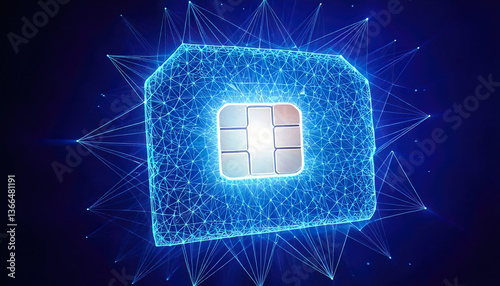 Futuristic glowing low polygonal sim card made of lines, light particles on dark blue background.